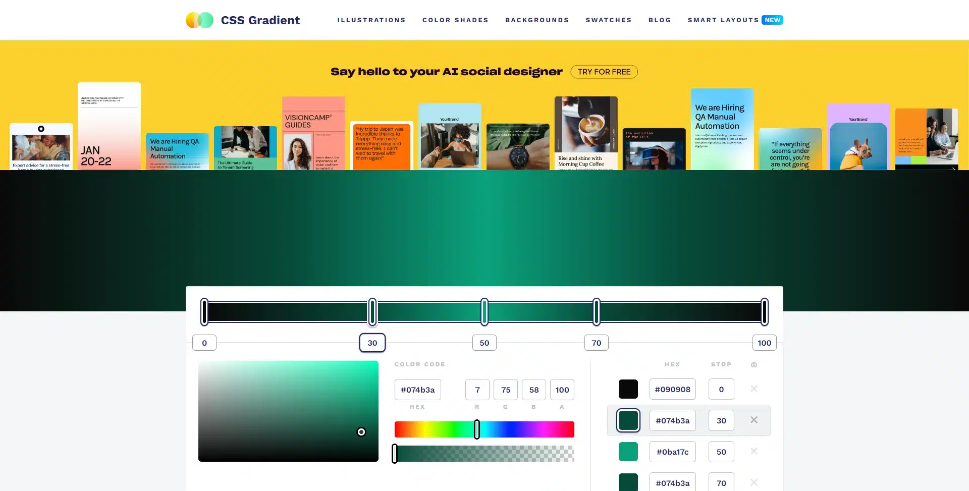 CSS Gradient website showing its AI colour designer and gradient picker