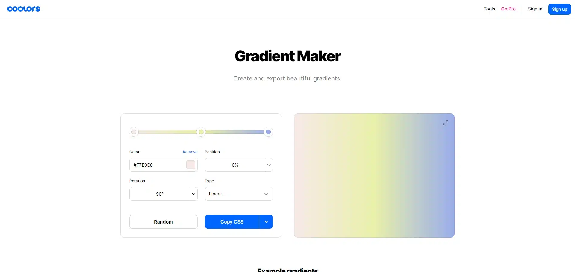 Coolors Gradient Maker page showing controls for building a custom gradient