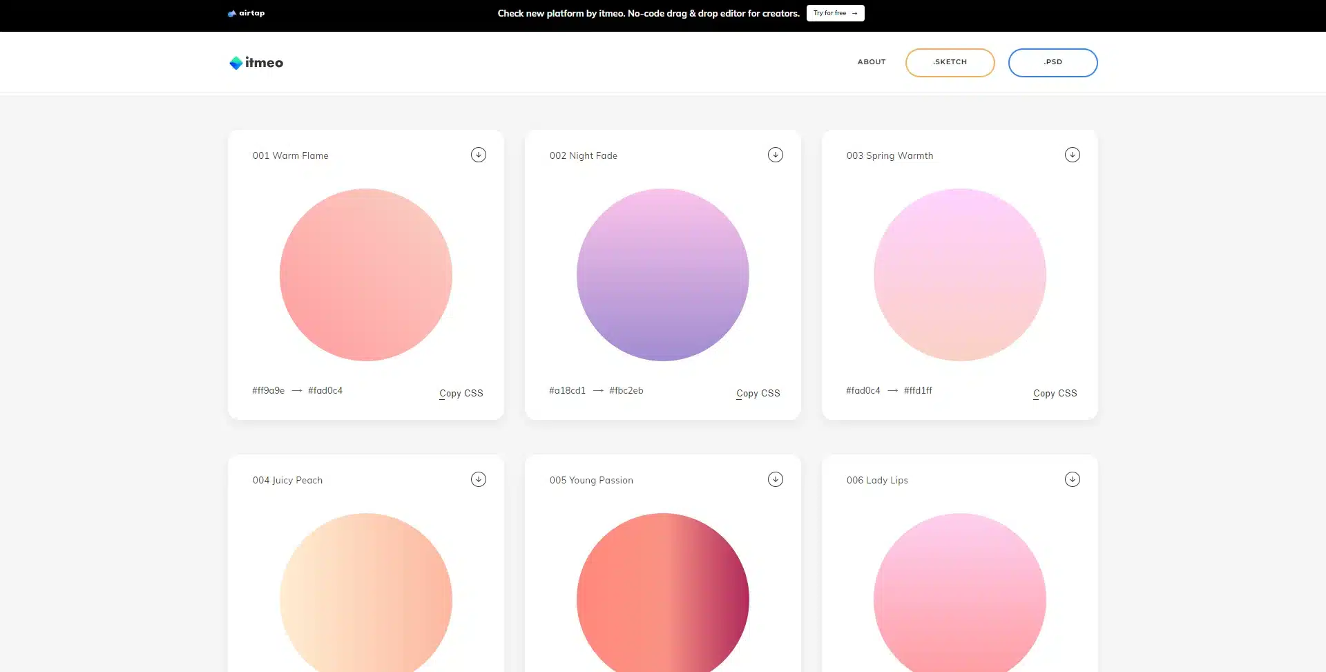 Grid of circular gradient swatches on a gradient library website