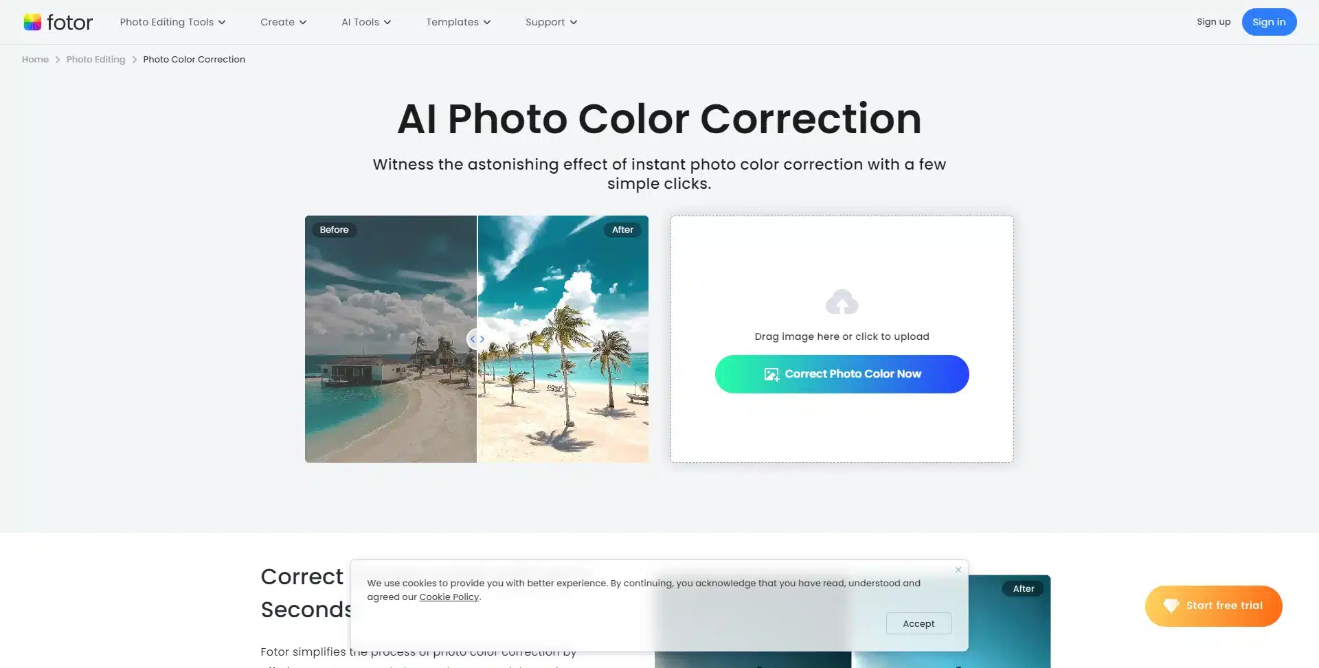 Fotor website showing its AI photo colour correction tool with a before and after beach photo
