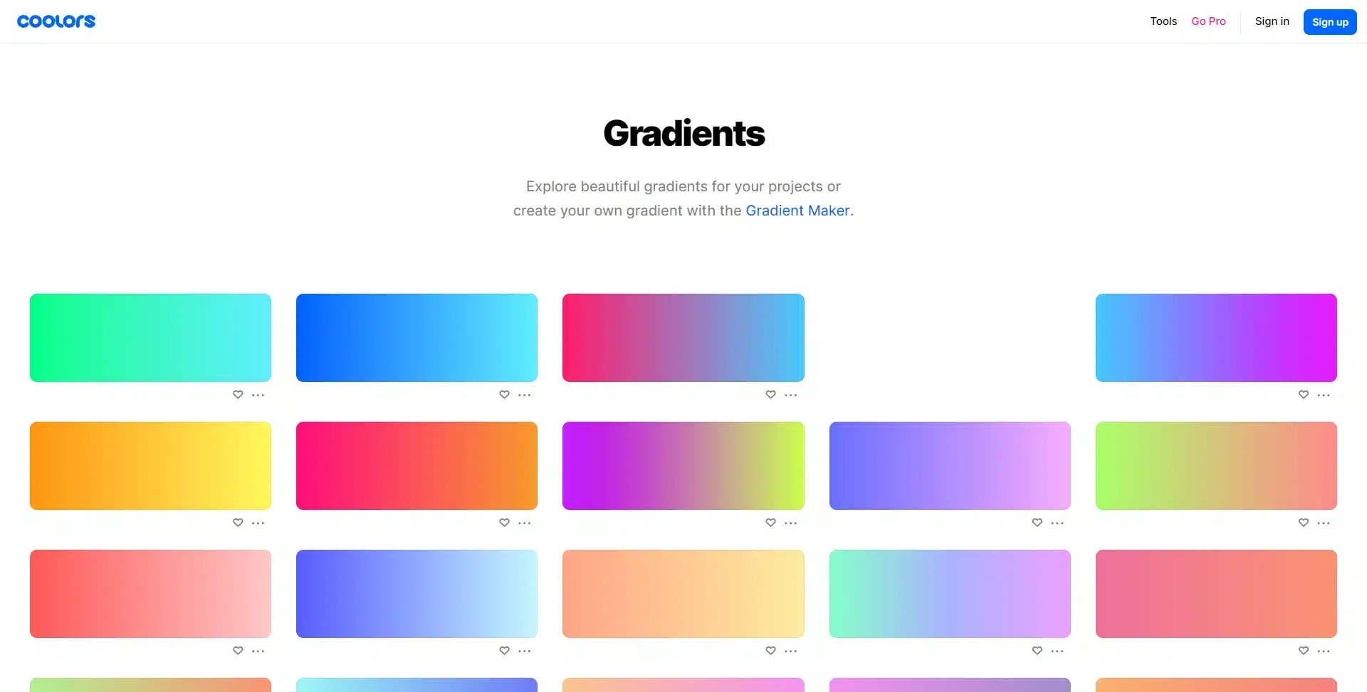 Coolors Gradients page showing a grid of ready-made gradient swatches