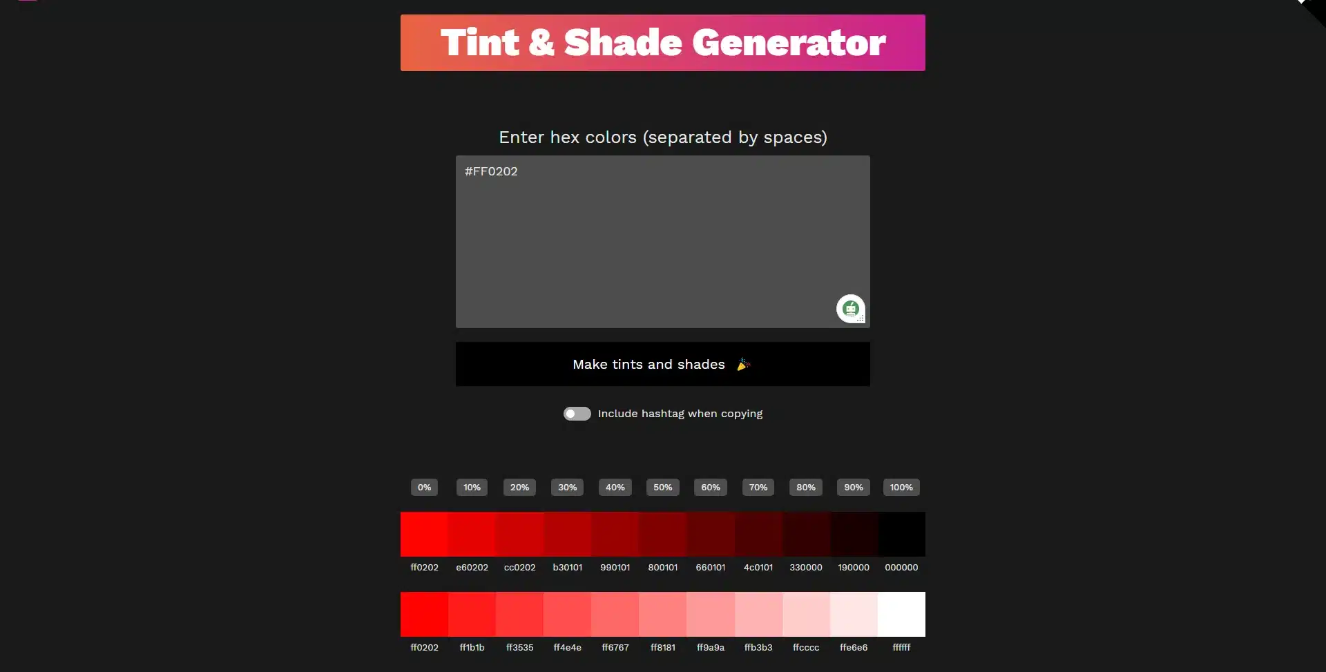 Tint and Shade Generator tool expanding a red hex colour into a row of tints and shades