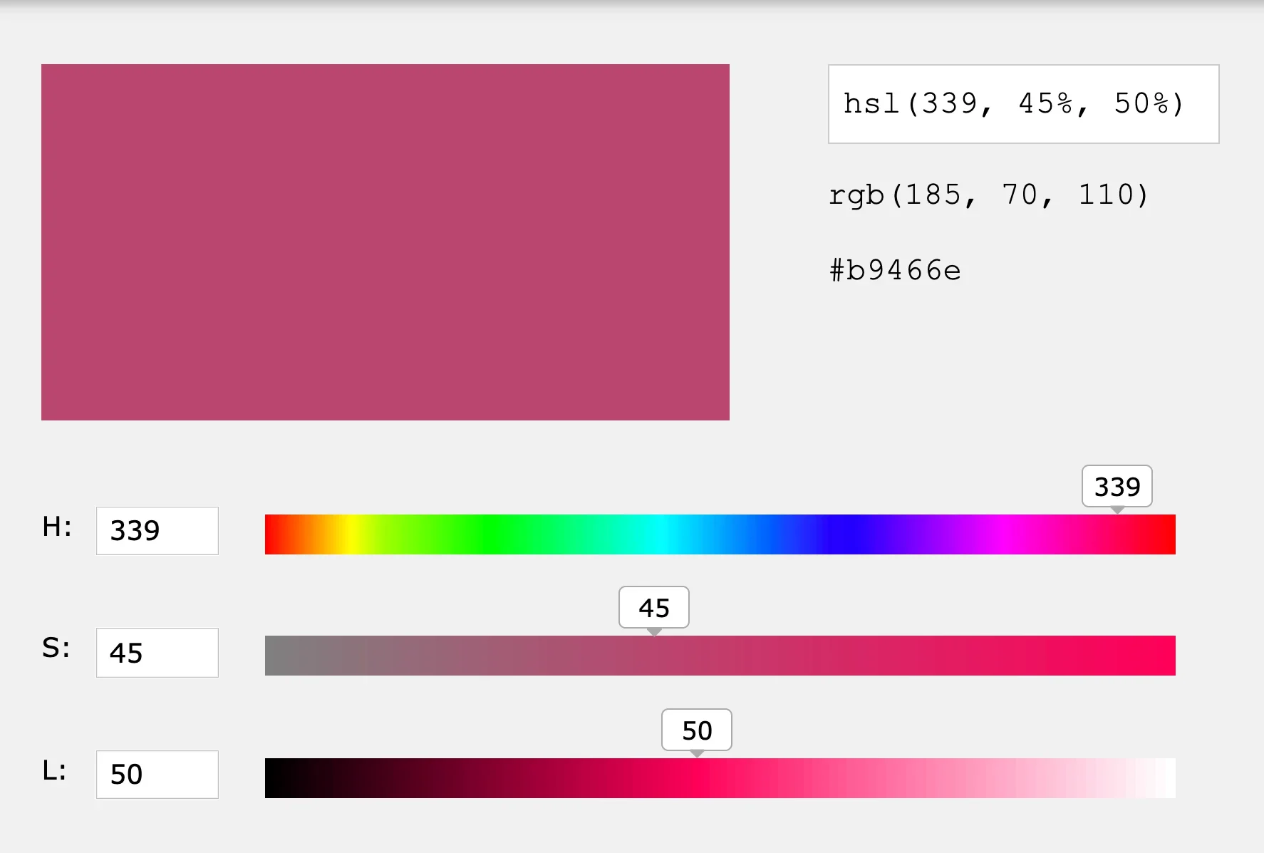 HSL colour picker showing a pink swatch alongside its hue, saturation and lightness sliders and its HSL, RGB and HEX values