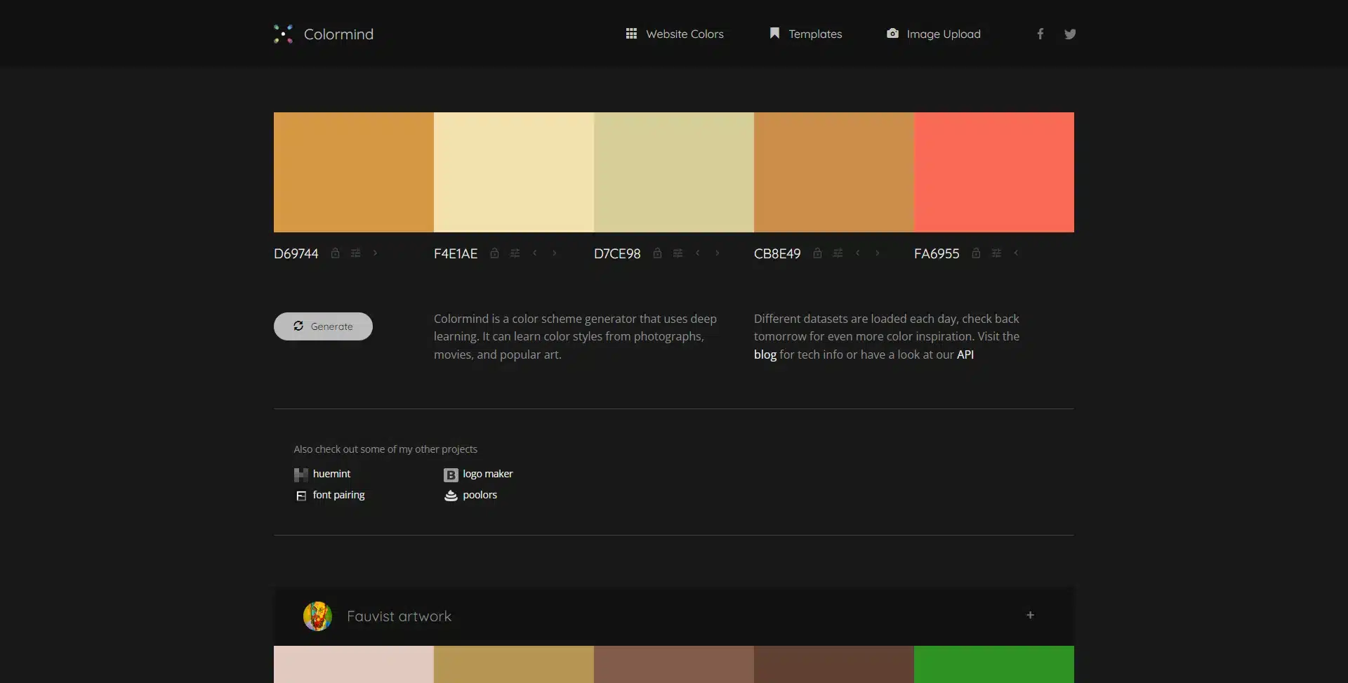 Colormind website showing AI-generated colour palettes extracted from photographs
