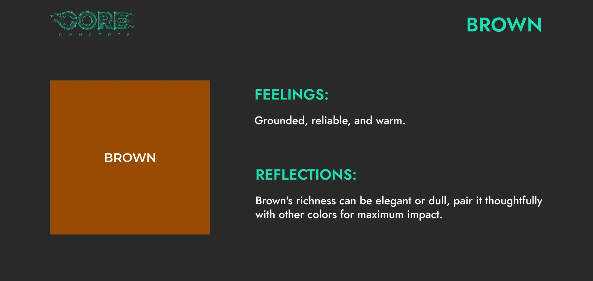 Colour psychology card for brown: grounded, reliable and warm, to be paired thoughtfully with other colours for impact