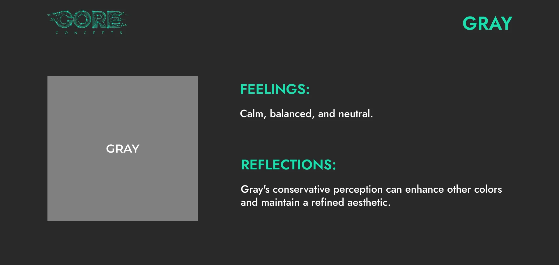 Colour psychology card for grey: calm, balanced and neutral, enhancing other colours and maintaining a refined aesthetic