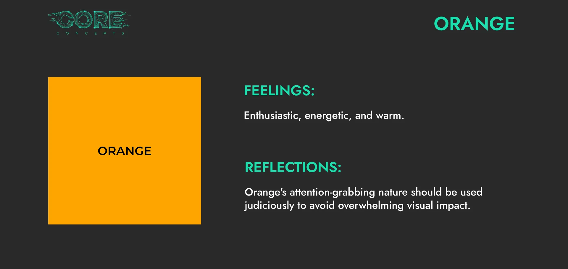 Colour psychology card for orange: enthusiastic, energetic and warm, to be used judiciously to avoid overwhelming a design
