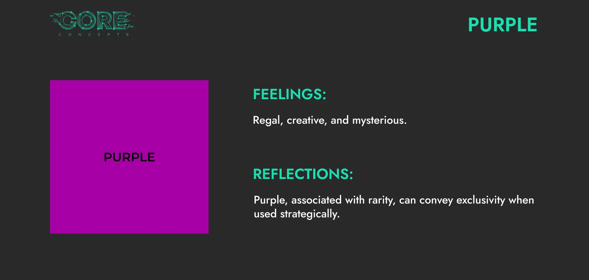 Colour psychology card for purple: regal, creative and mysterious, conveying exclusivity when used strategically