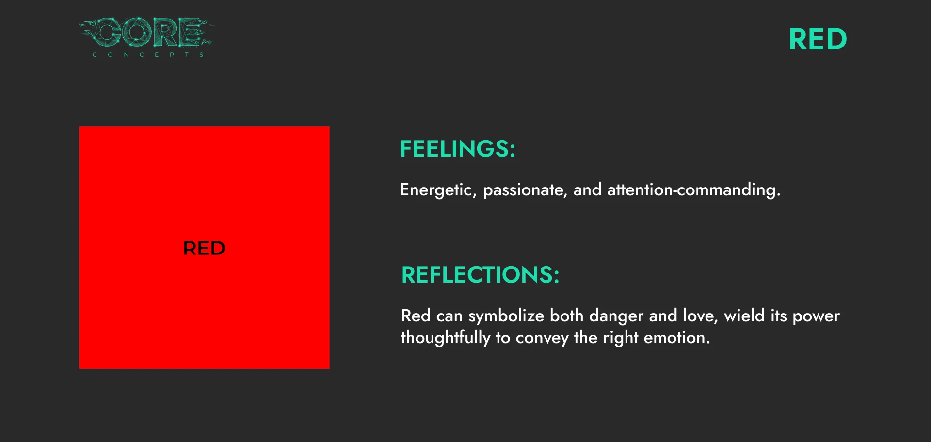 Colour psychology card for red: energetic, passionate and attention-commanding, symbolising both danger and love