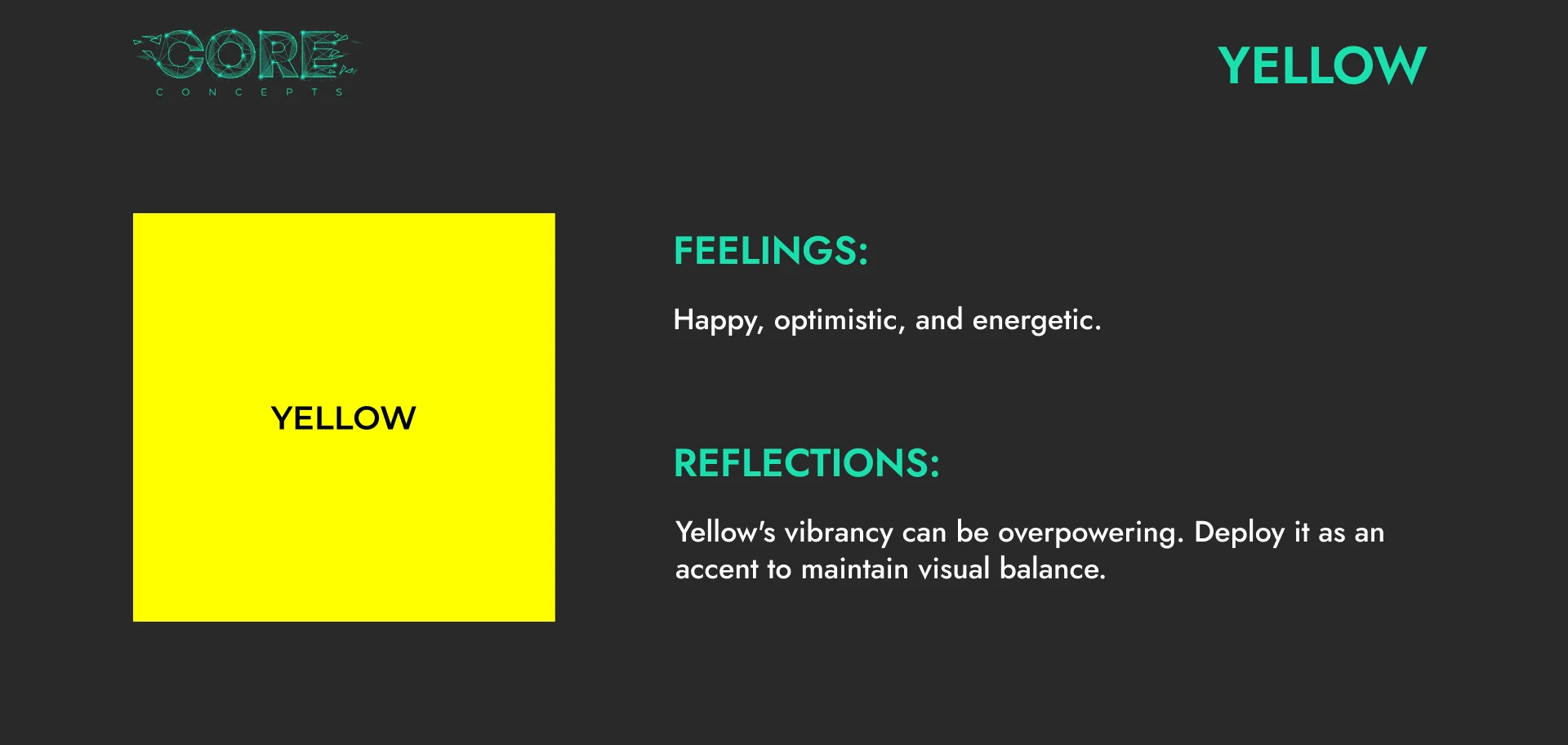 Colour psychology card for yellow: happy, optimistic and energetic, best deployed as an accent to keep visual balance