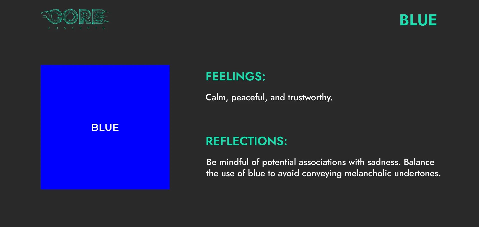 Colour psychology card for blue: calm, peaceful and trustworthy, balanced carefully to avoid melancholic undertones