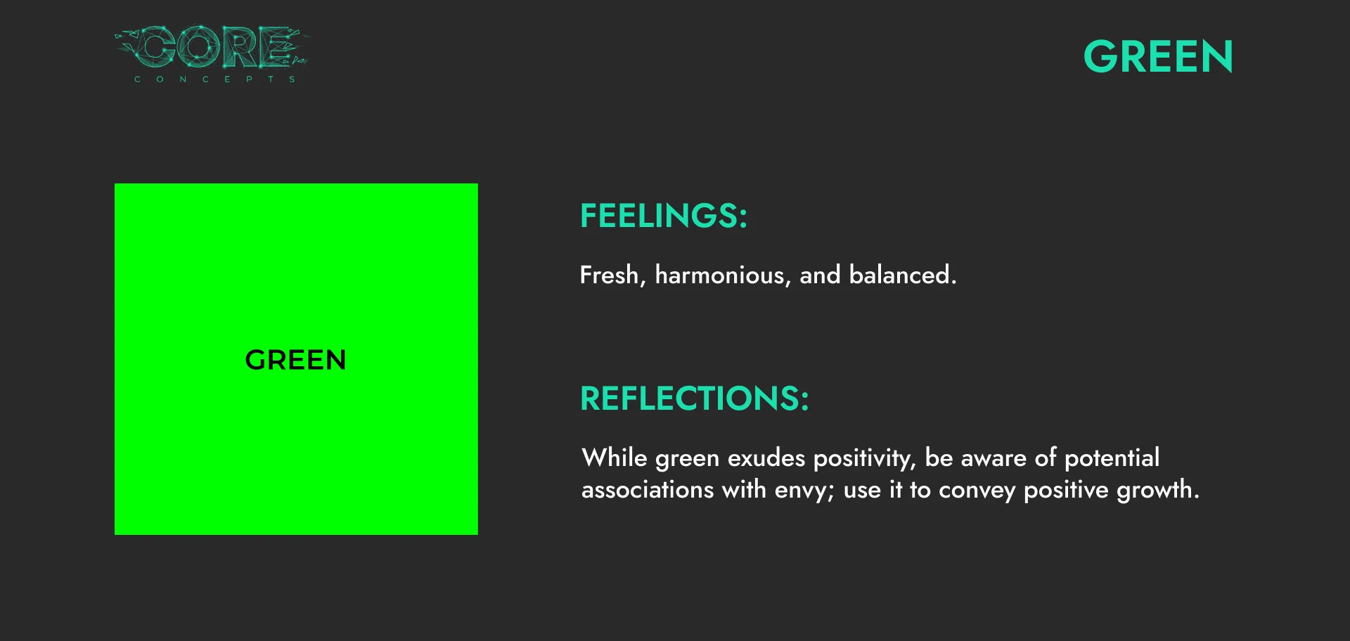 Colour psychology card for green: fresh, harmonious and balanced, conveying positive growth while being mindful of associations with envy