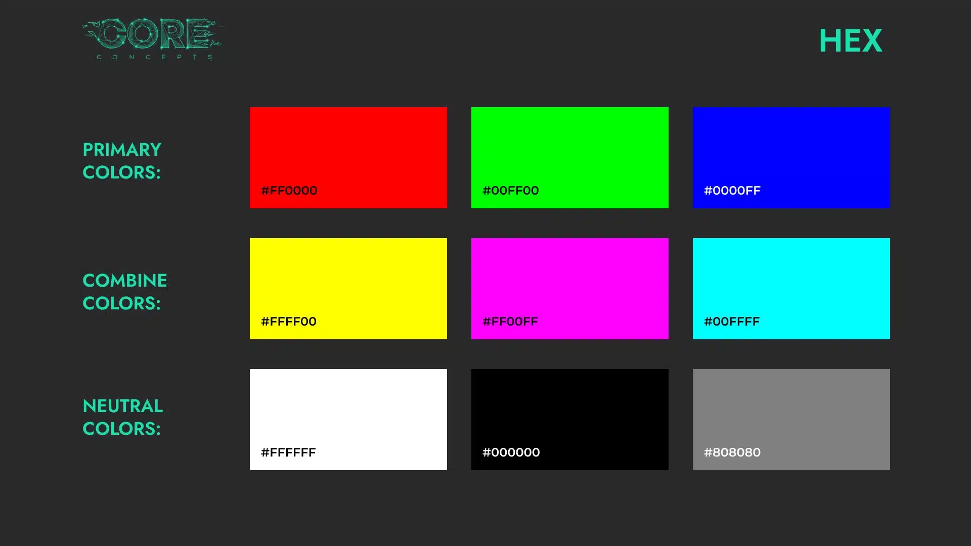 The same colour chart with each swatch labelled by its hexadecimal colour code
