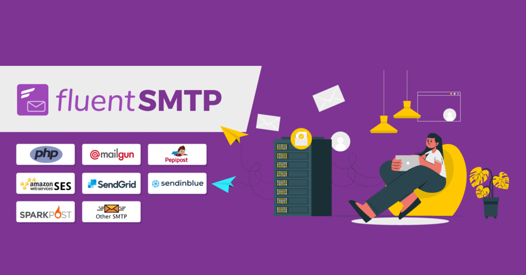 FluentSMTP banner showing the logos of supported email delivery providers including Mailgun, Postmark, Amazon SES and SendGrid