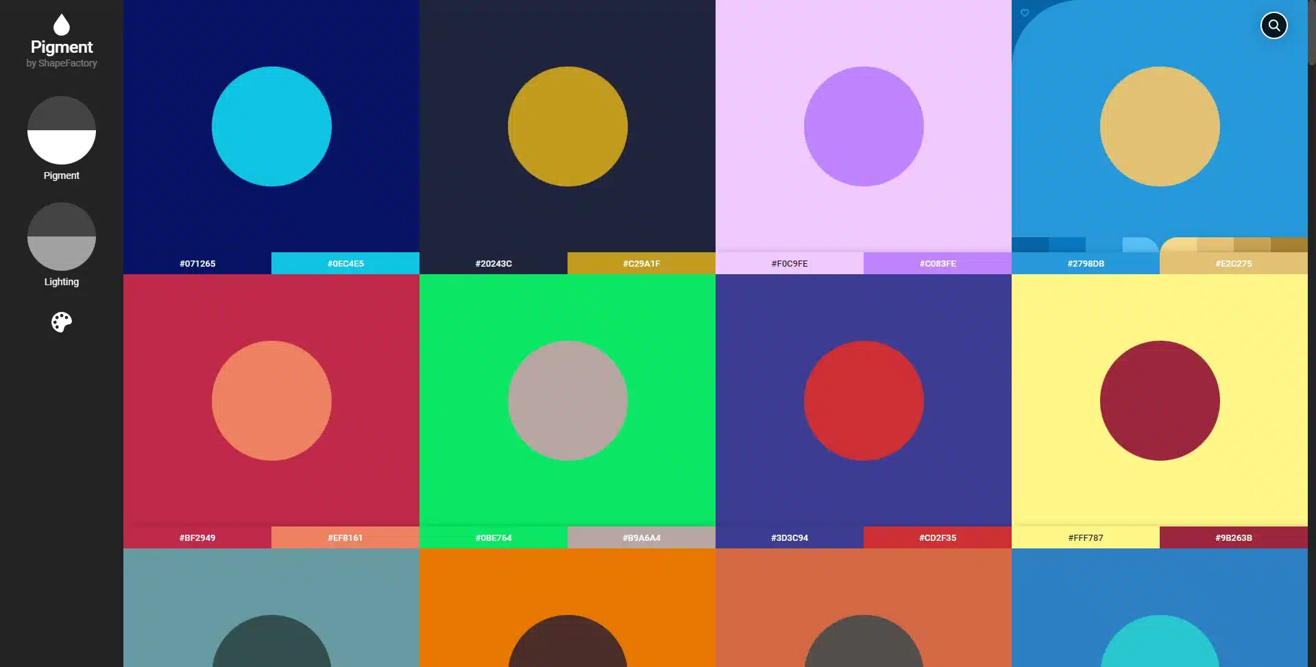 Grid of bold colour palette tiles, each pairing a circle with a contrasting background