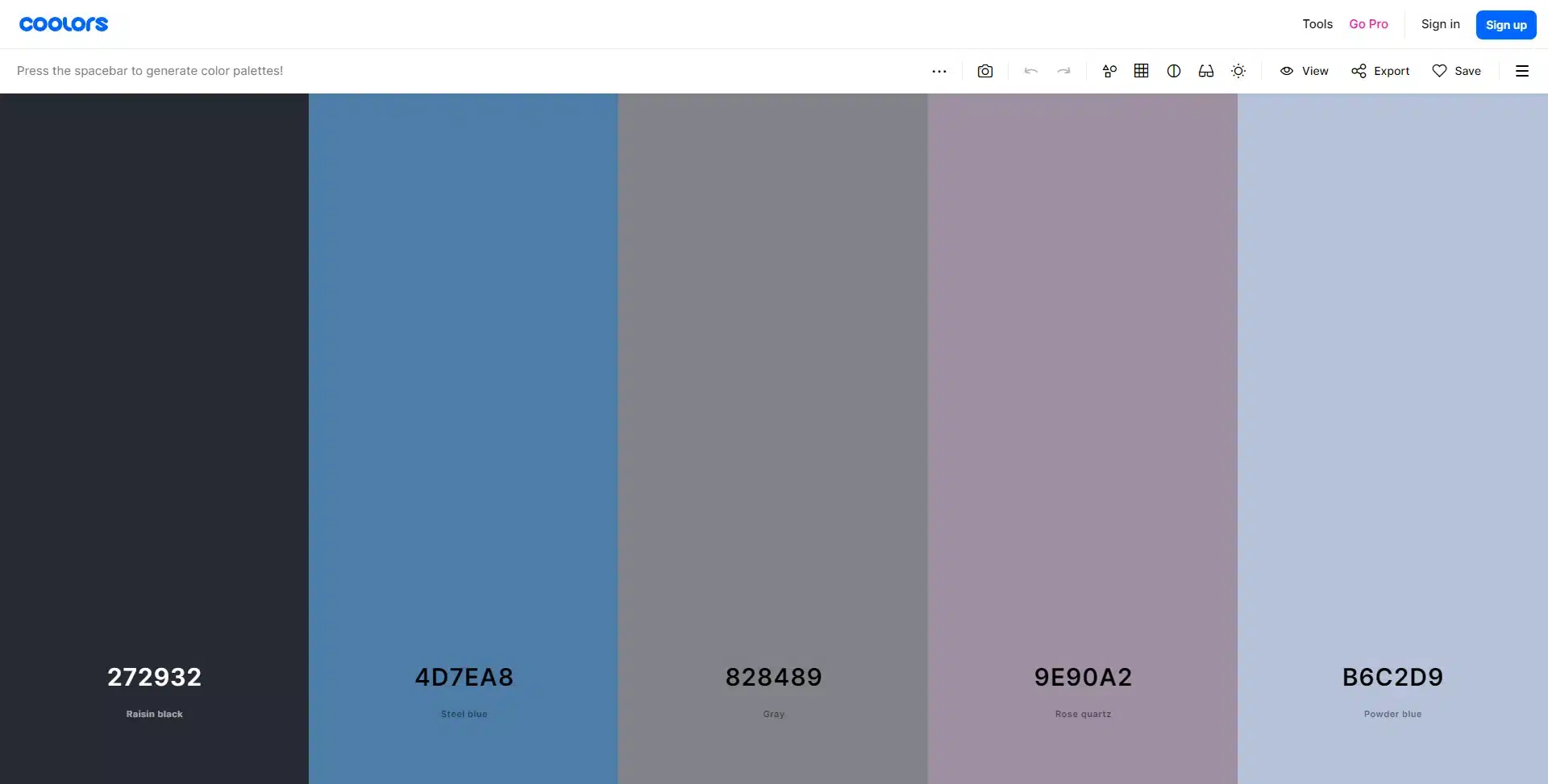 Coolors palette editor showing five colours with their hexadecimal codes