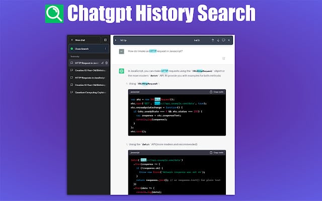 Promotional graphic for the ChatGPT History Search Chrome extension, showing its search panel over a chat window
