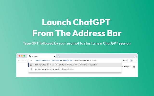 Promotional graphic for the Search GPT Shortcut extension, showing ChatGPT prompts launched from the browser address bar