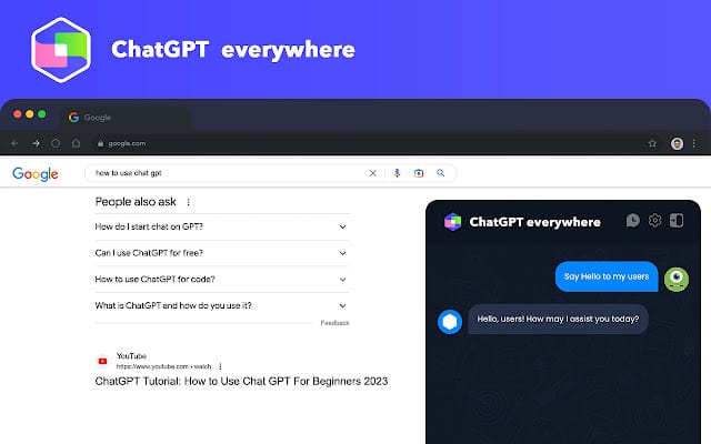 Promotional graphic for the ChatGPT Everywhere extension, showing a ChatGPT panel open beside Google search results