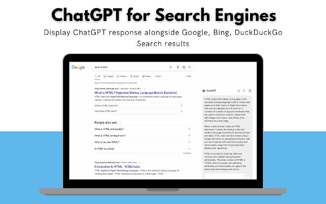 Promotional graphic for the ChatGPT for Search Engines extension, showing a ChatGPT answer displayed next to Google results on a laptop