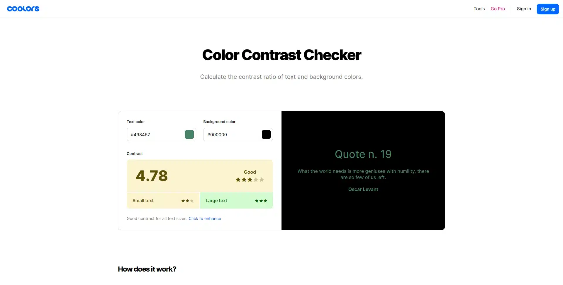 Coolors Color Contrast Checker showing a contrast ratio of 4.78 for a sample of text