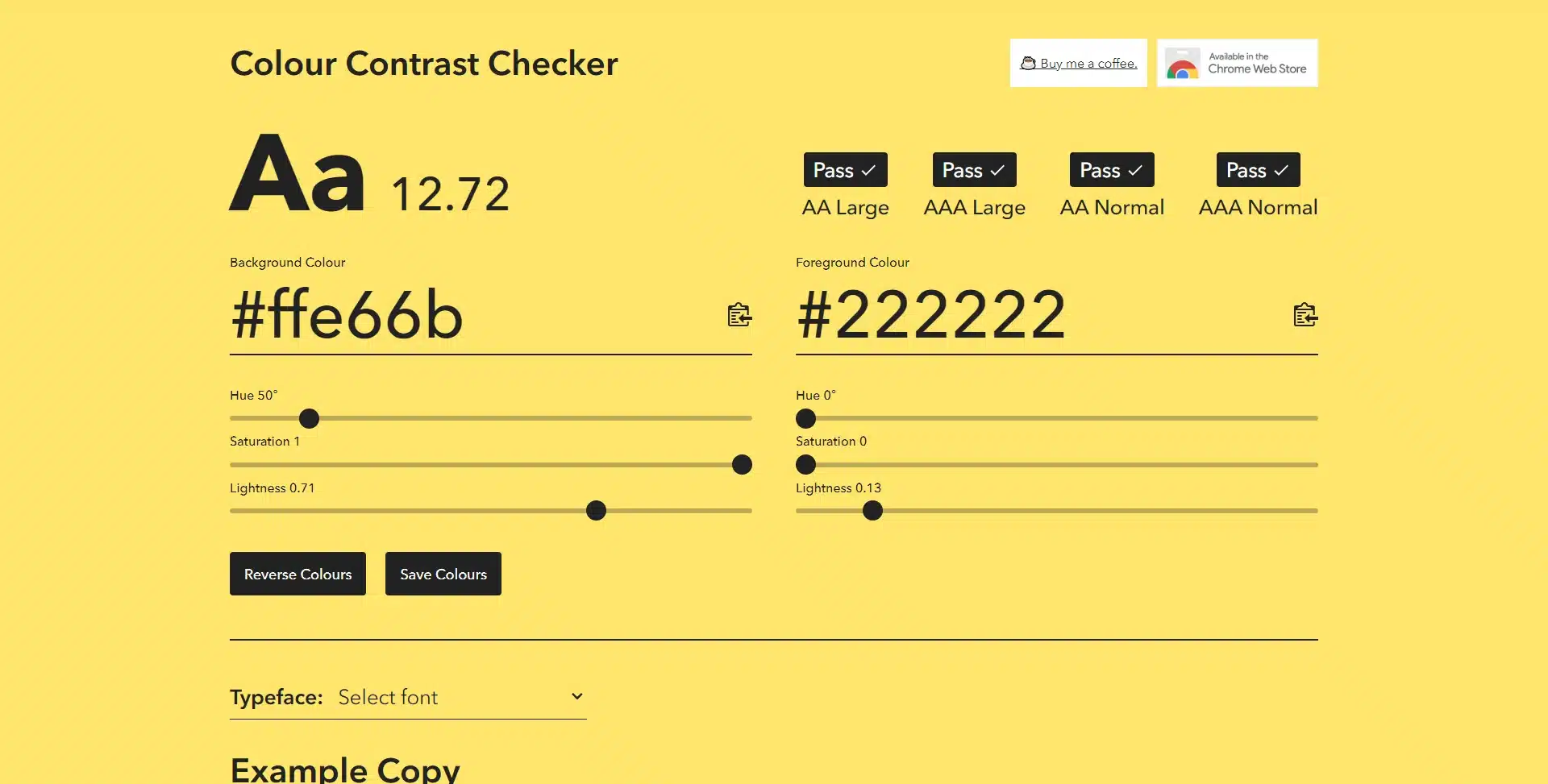 Colour Contrast Checker showing a 12.72 contrast ratio between two hex colours, passing AA and AAA at all text sizes