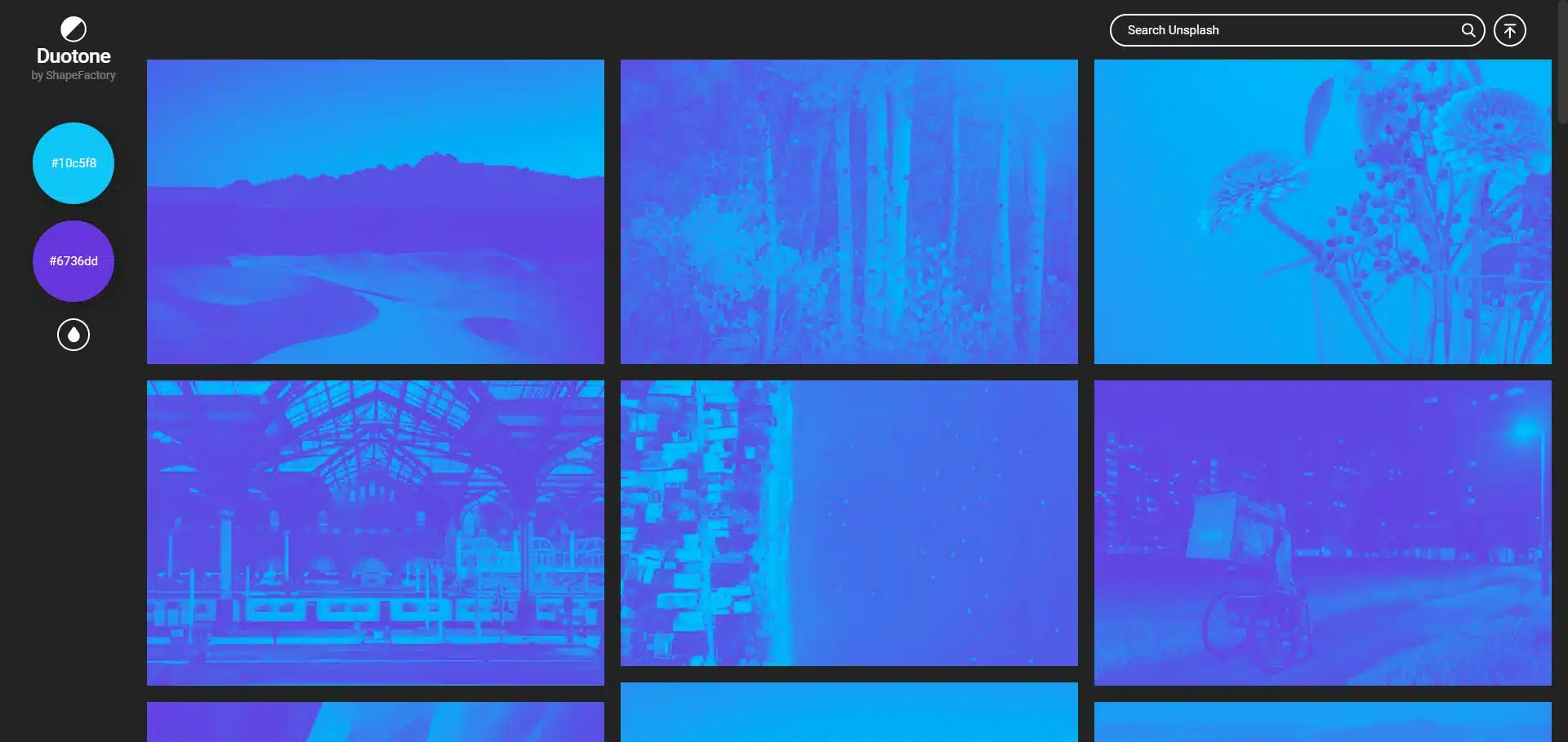 Duotone image tool showing a grid of photographs recoloured in shades of blue