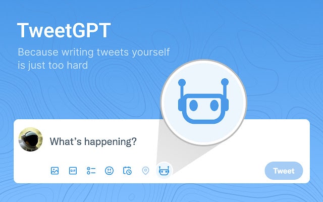 Promotional graphic for the TweetGPT extension, showing a robot icon beside a tweet composer