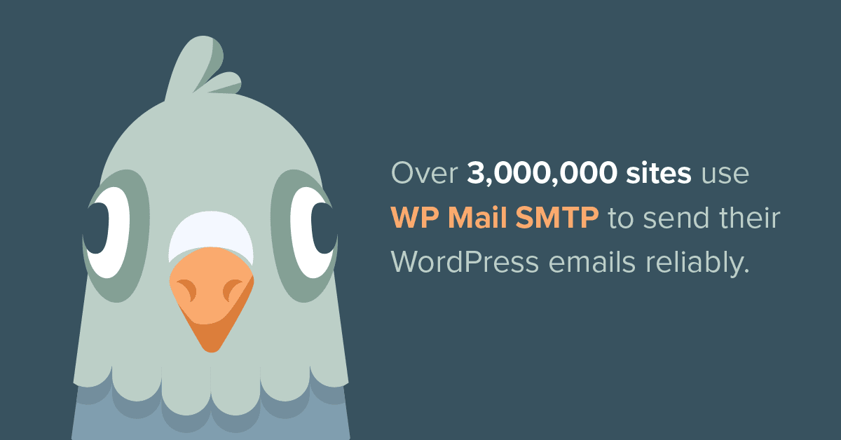 WP Mail SMTP promotional graphic with its bird mascot, stating that over 3,000,000 sites use WP Mail SMTP to send WordPress emails reliably