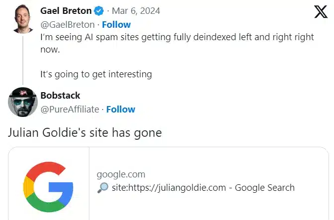 Tweets from Gael Breton and Bobstack noting that AI spam sites are being fully de-indexed, alongside a Google search showing a site has gone