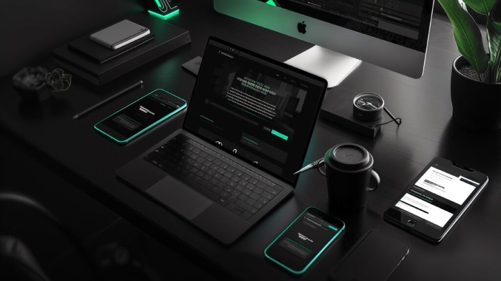 Desk lit in green neon with a laptop, phone and headphones arranged on it