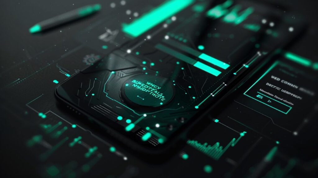 Abstract close-up of a glowing green circuit board
