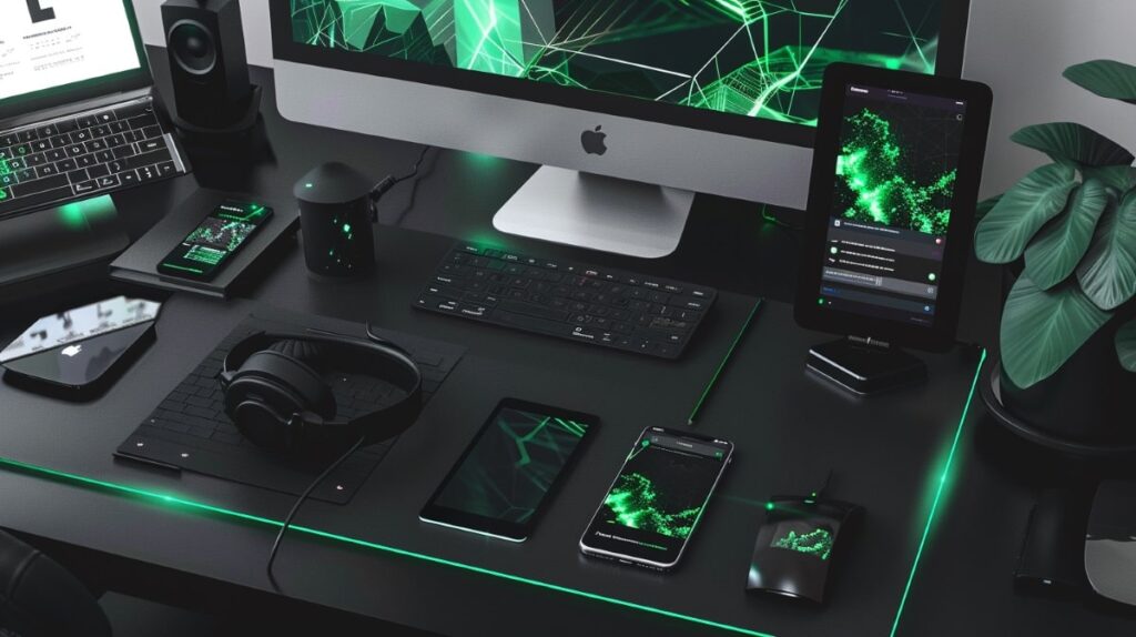 Desk workspace lit in green neon with a desktop computer, phone and tablet