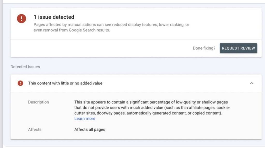 Google Search Console manual actions panel reporting one issue detected for thin content with little or no added value, affecting all pages