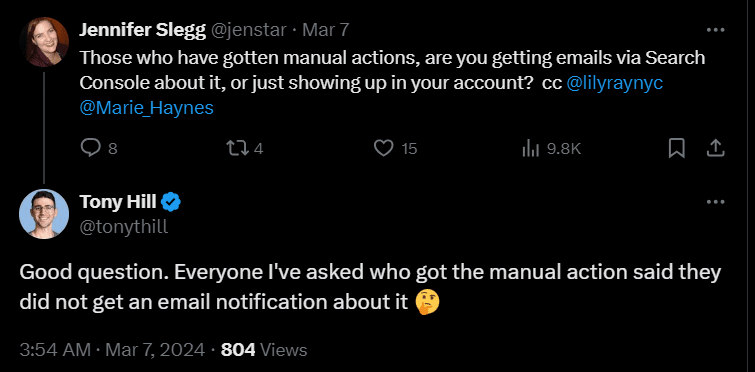 Tweets from Jennifer Slegg and Tony Hill discussing whether site owners received email notifications about manual actions or only saw them in Search Console