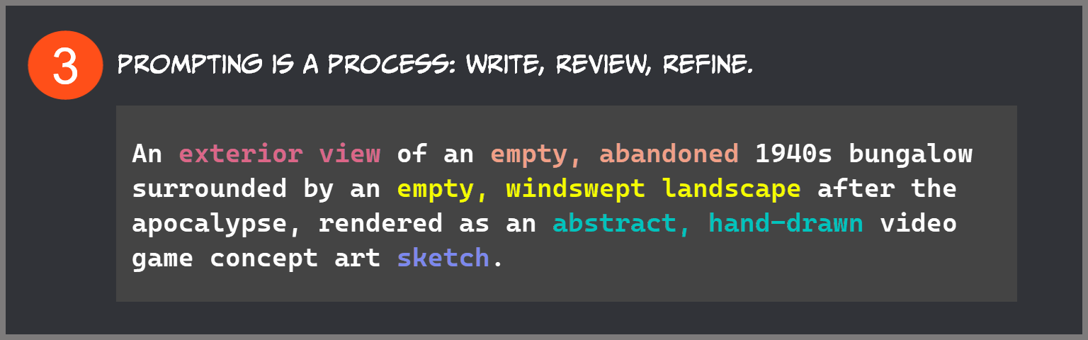 Midjourney prompting tip three: prompting is a process of writing, reviewing and refining, showing a refined prompt for an abandoned 1940s bungalow