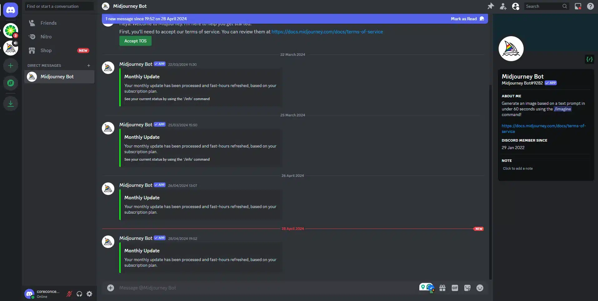 Discord direct message window with the Midjourney bot selected in the sidebar