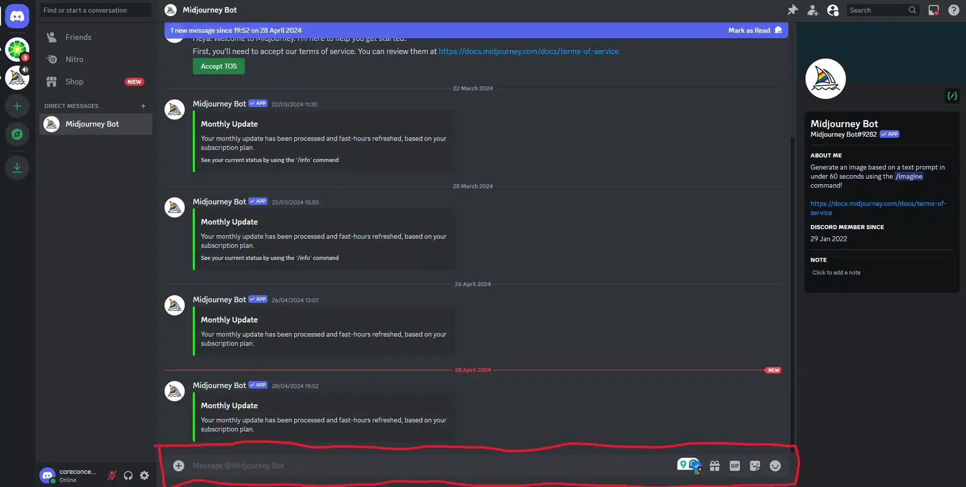 Discord conversation with the Midjourney bot, with the message box highlighted at the bottom of the screen