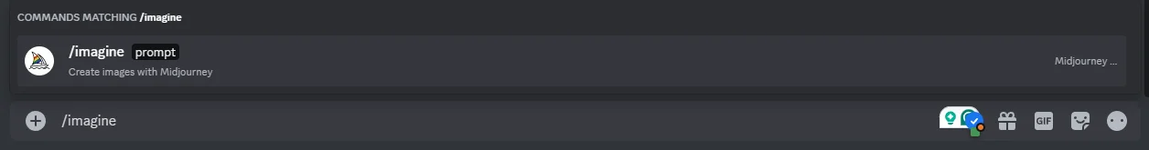 Discord message box showing the /imagine command being selected to start a Midjourney prompt