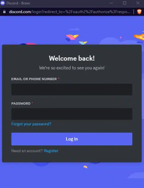 Discord login screen headed Welcome back, with email and password fields