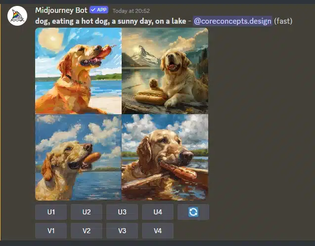 Midjourney bot reply in Discord showing a grid of four generated images of a dog on a lake, with U and V buttons beneath