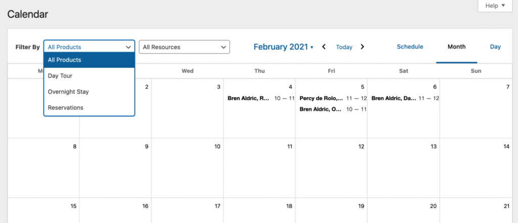 Month view of a WordPress bookings calendar showing reservations spread across February