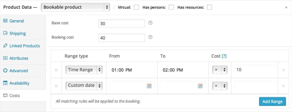 WooCommerce Bookings product data screen showing base cost, booking cost and time-range pricing rules