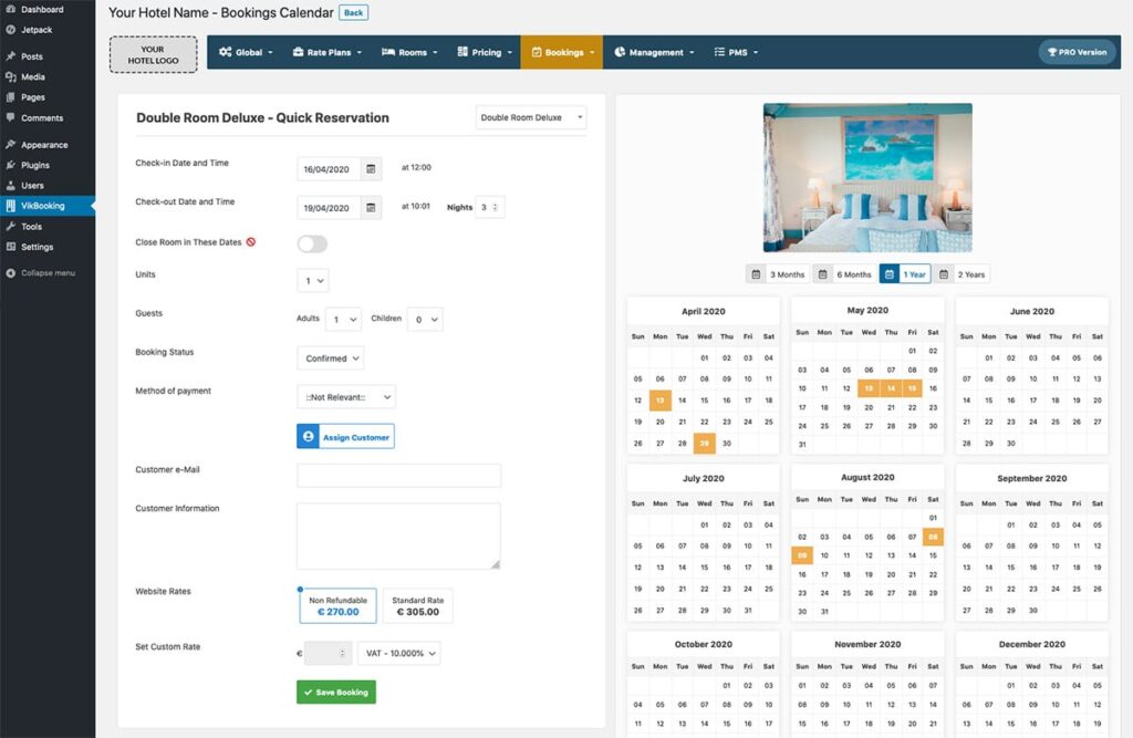 Hotel Booking plugin dashboard showing a quick reservation form beside a multi-month availability calendar