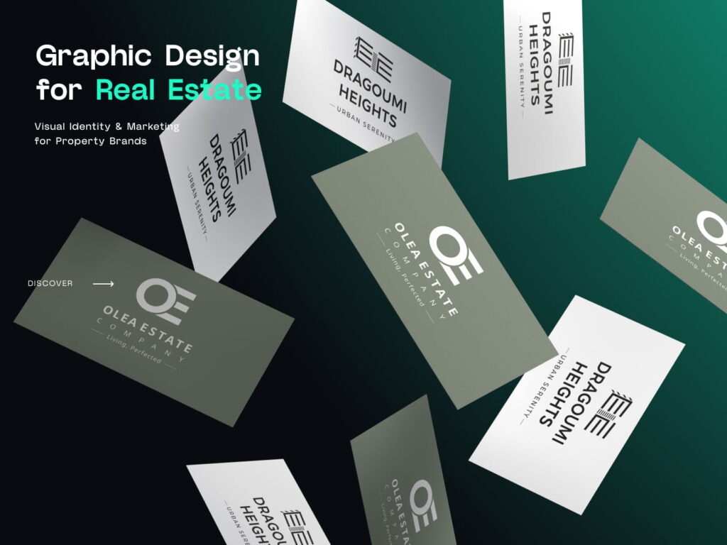 Core Concepts Branded design business cards for Dragoumi Heights and Olea Estate arranged on a green background, headed Graphic Design for Real Estate
