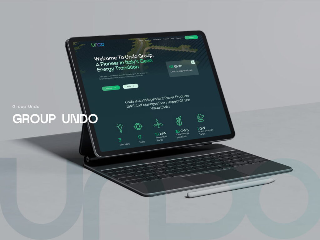 Core Concepts Group Undo website design homepage displayed on a tablet, introducing the company as a pioneer in clean energy transition
