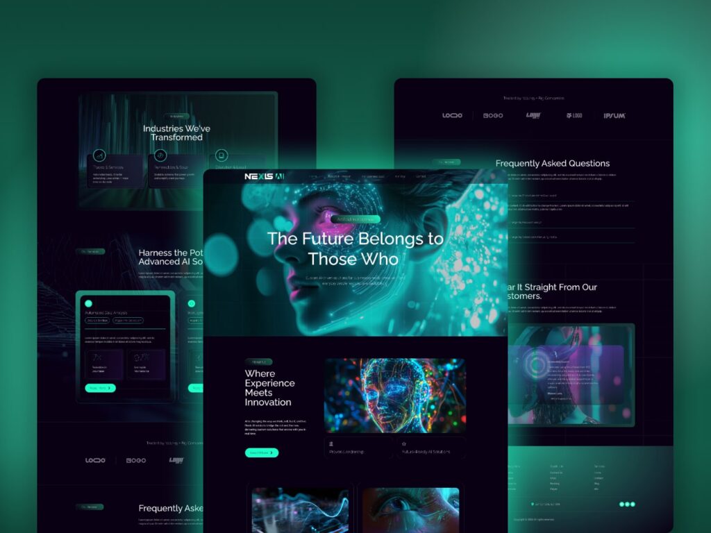 Web design screens for Nexis AI in dark teal, including the hero, FAQ and testimonial sections