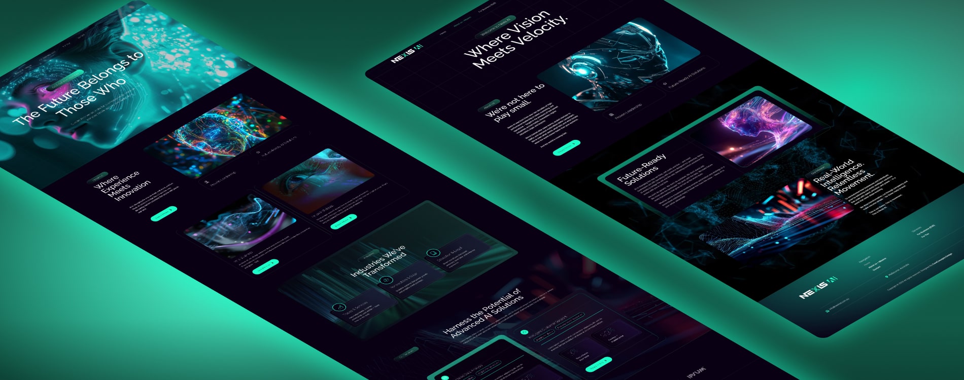 Angled view of dark, teal-accented web page designs for an AI consulting brand