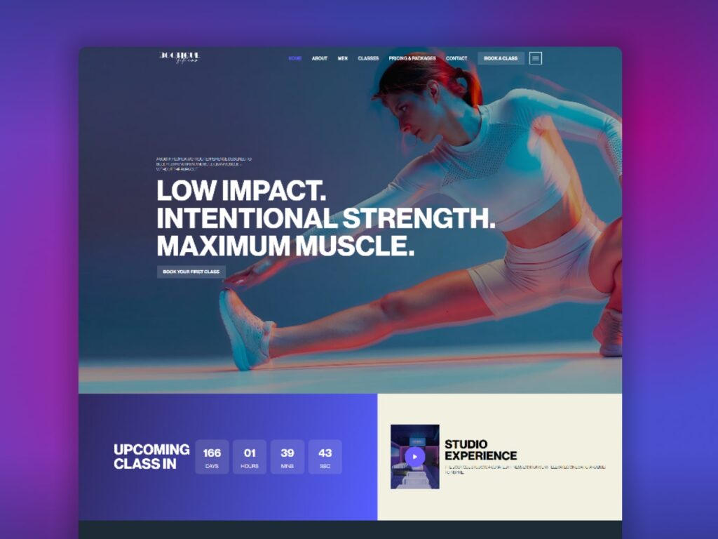 Core Concepts Fitness website design hero showing a woman stretching, headed Low Impact. Intentional Strength. Maximum Muscle.