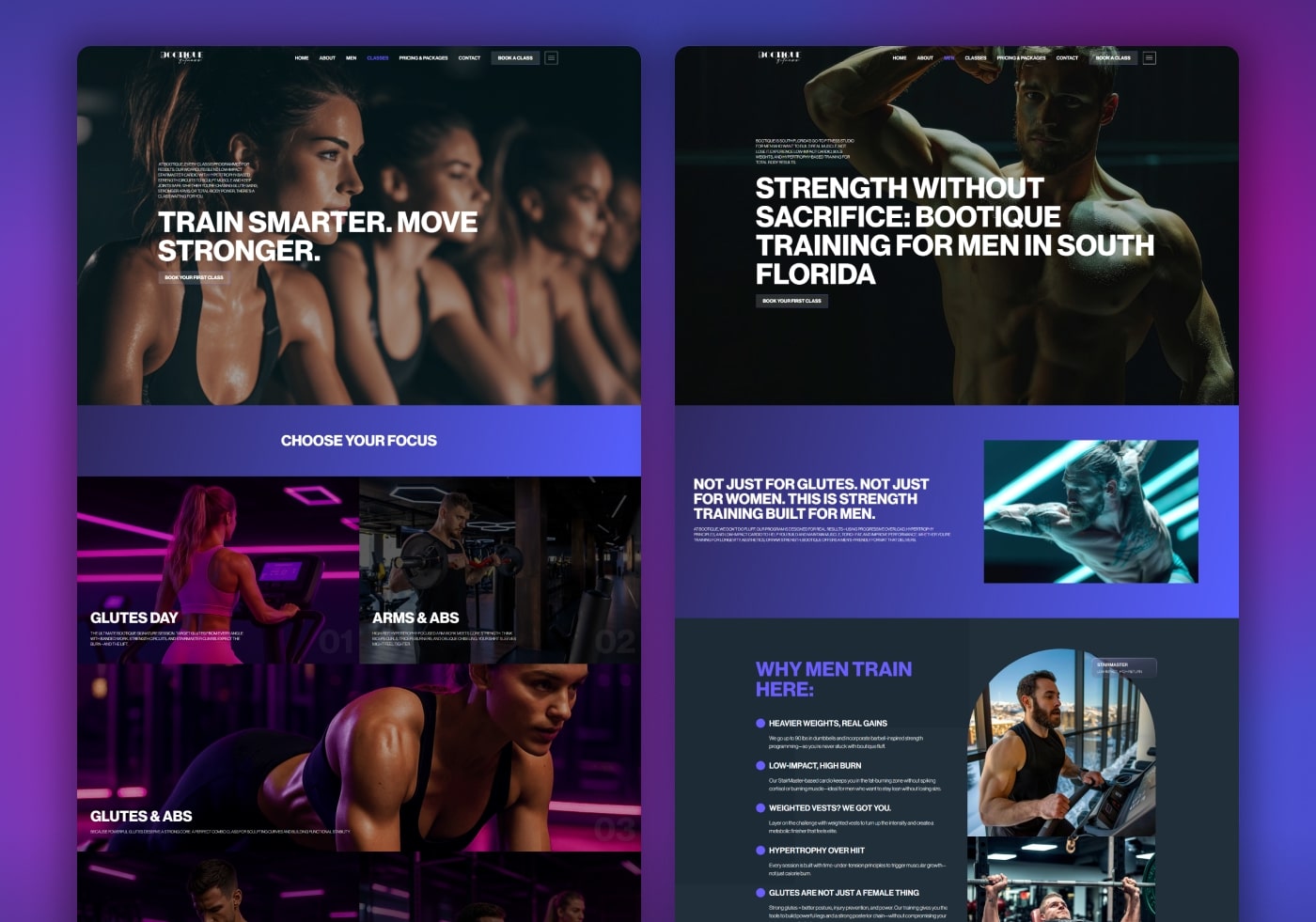Fitness website sections promoting boutique strength training for men in South Florida